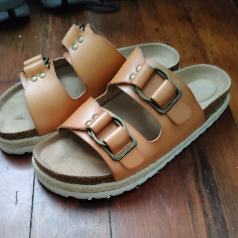 Time and Tru Tan Sandals with Adjustable Straps and Supportive Footbed